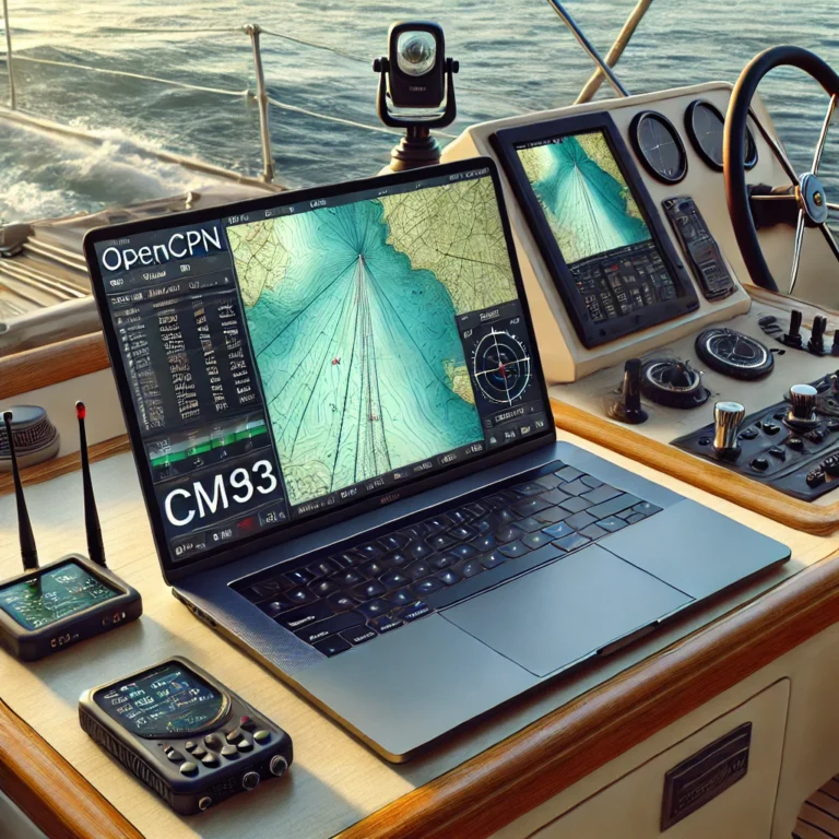 "Marine navigation setup using OpenCPN software with CM93 charts, showing a laptop on a boat displaying real-time GPS tracking with AIS integration."